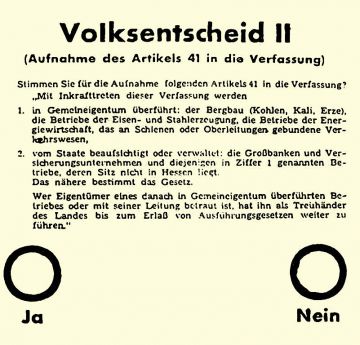 Stimmzettel zum Volksentscheid in Hessen vom 1. Dezember 1946